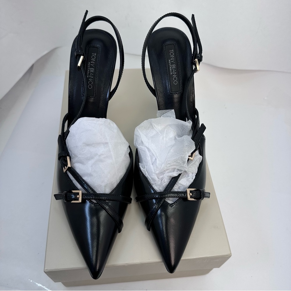 Tony Bianco Garda Sling Back in Black Hi Shine leather pointed toe high heel - Picture 6 of 10